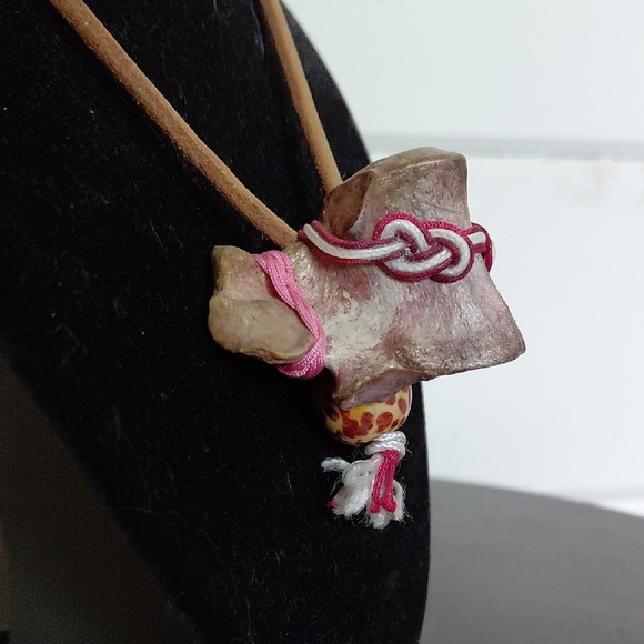 Bohemian Pink Bone Pendant Necklace with Tan Cord - Picture 4 of 7